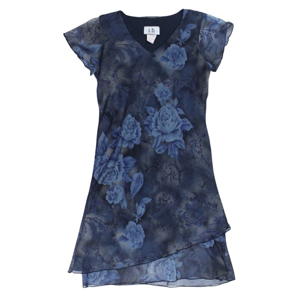 Vintage 90s dress grunge goth blue floral overlay mini knee short sleeve sz 8